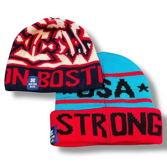 Boston Blue Beanie Hat USA Strong Skull Cap Knit MA Patriotic Toboggan Lot of 2 - Picture 10 of 10